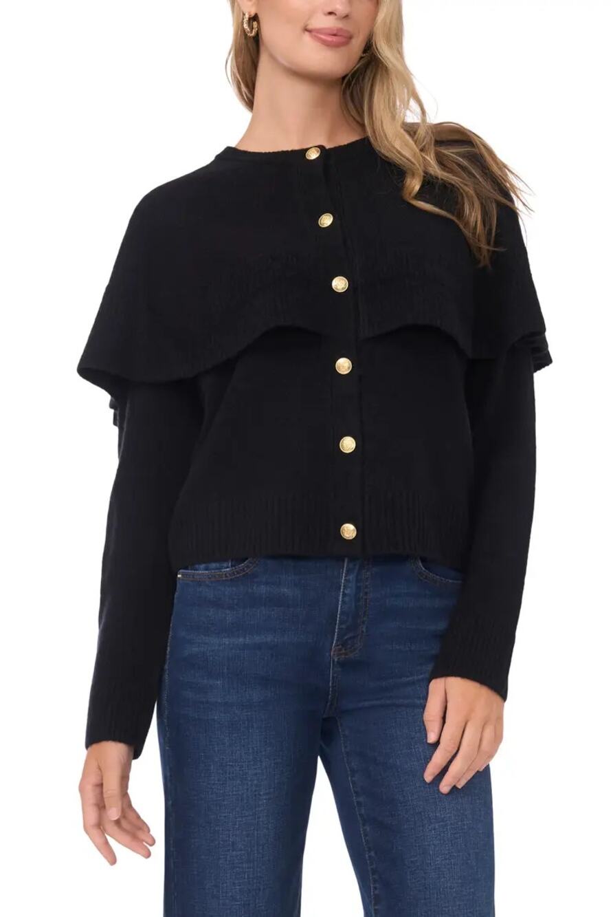 NEW Vince Camuto Cape Cardigan Sweater Black Button Down Knit Size M